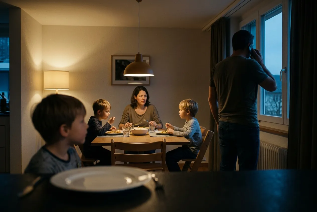 Familie sitzt am Abendtisch, ein Mann steht abgewandt am Fenster und telefoniert